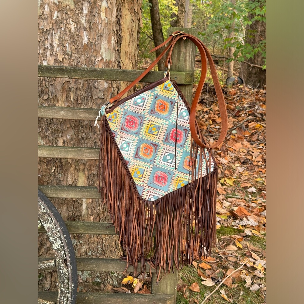 Aztec print with fringe crossbody purse with adj strap leather USA made